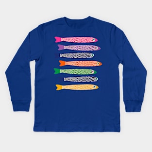 ANCHOVIES Bright Graphic Fun Groovy Fish in Rainbow Colors on Cream - Horizontal Layout - UnBlink Studio by Jackie Tahara Kids Long Sleeve T-Shirt